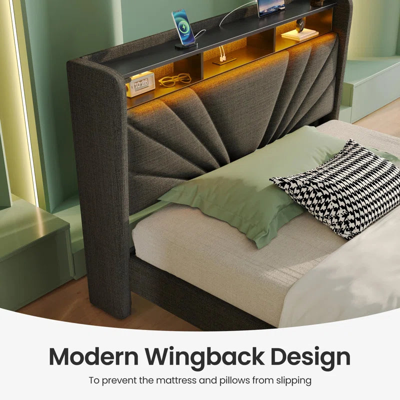 Karo Upholstered Metal Wingback Storage Bed with Headboard, Charging Station and LED Lights