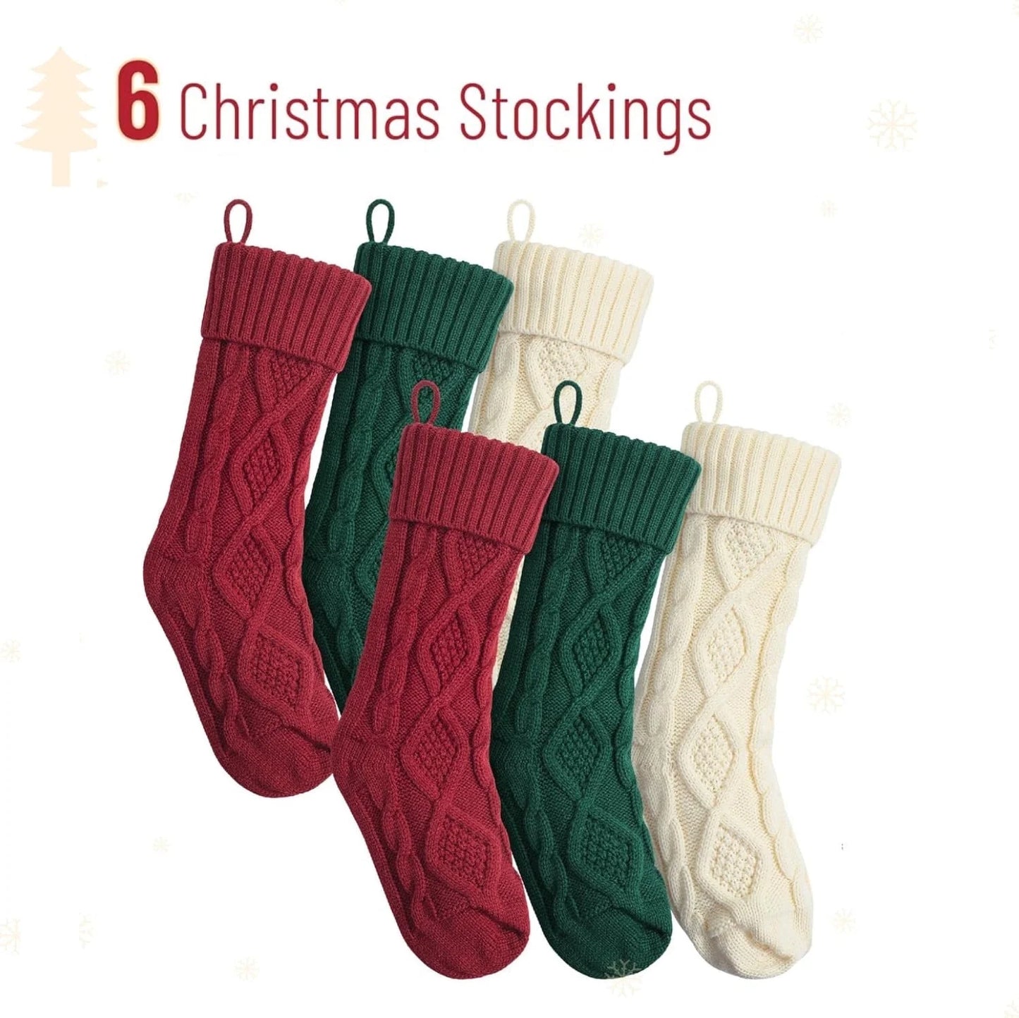 6 Pack Knit Christmas Stockings, 18" Cable Knitted Stocking Decorations Xmas Rustic Farmhouse for Family Holiday Season, Burgundy, Ivory White, Green