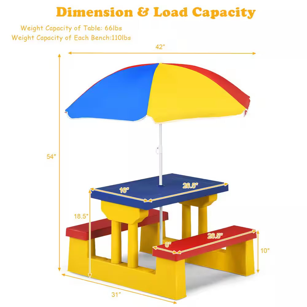 Kids Picnic Table Set with Removable Umbrella Indoor Outdoor Garden Patio