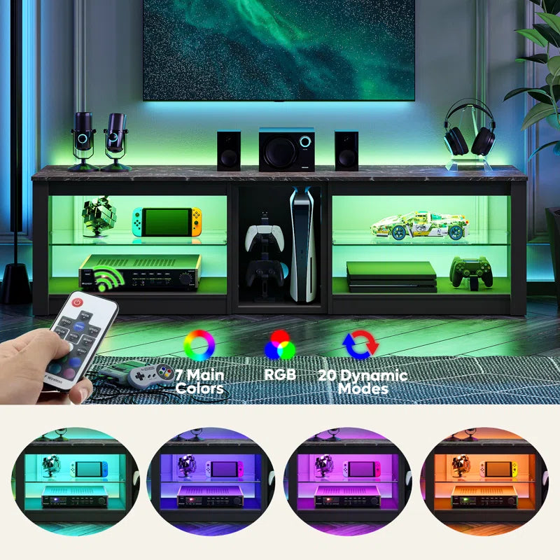 Brahma 63" TV Stand, Gaming Media Console for PS5, LED Entertainment Centre with Glass Shelves