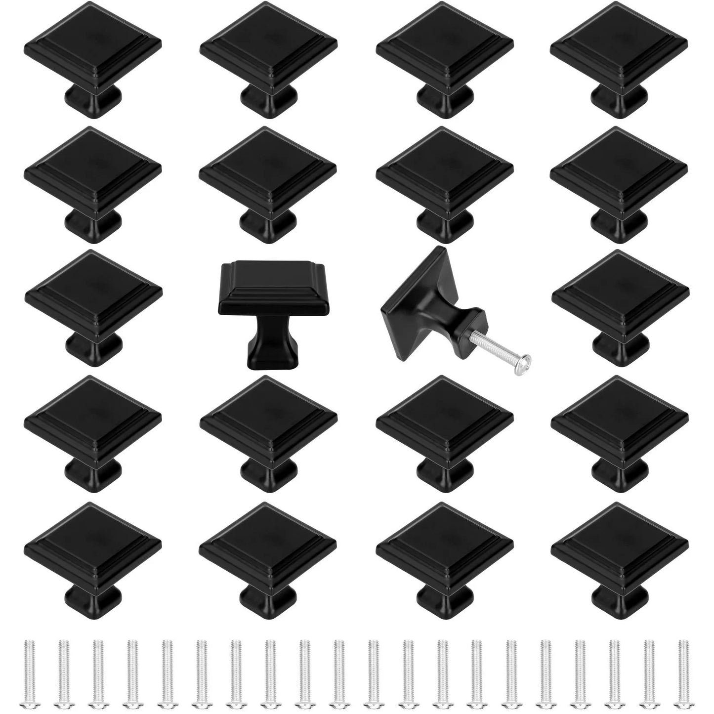 20/10Pcs Modern Cabinet Knobs Flat Black Cabinet Door Knobs, 1.2In Diameter Kitchen Cabinet Knobs Dresser Drawer Knobs, Solid Black Hardware Square Drawer Handles and Pulls for Cupboard Closet