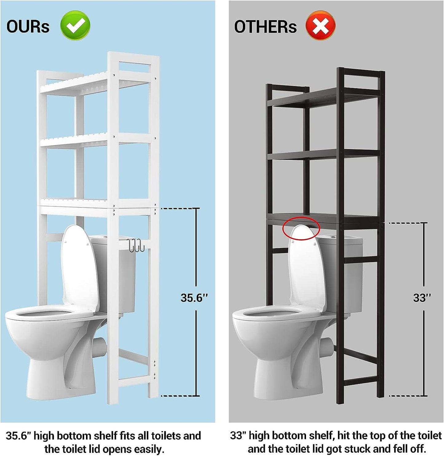 over the Toilet Storage, Bamboo 3-Tier Over-The-Toilet Space Saver Organizer Rack, Stable Freestanding above Toilet Stand with 3 Hooks for Bathroom, Restroom, Laundry, White