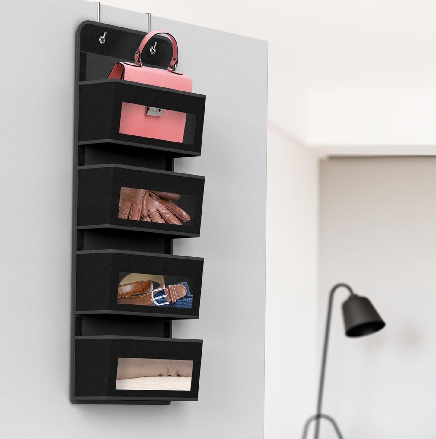 over Door/Wall Mount 4 Clear Window Pocket Organizer, Black