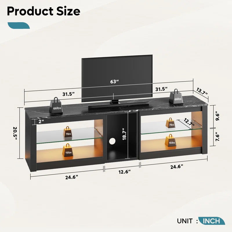 Brahma 63" TV Stand, Gaming Media Console for PS5, LED Entertainment Centre with Glass Shelves