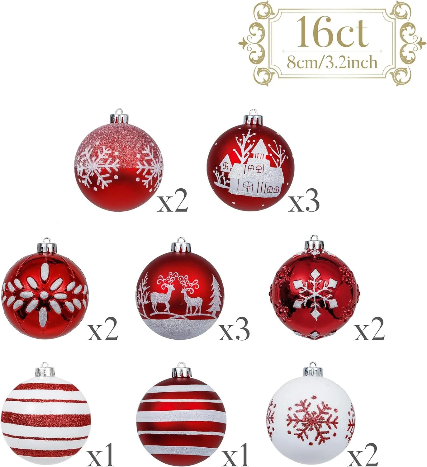 16Ct 3.15" Christmas Ornaments, Red White Christmas Hanging Tree Ornaments for Party Decor