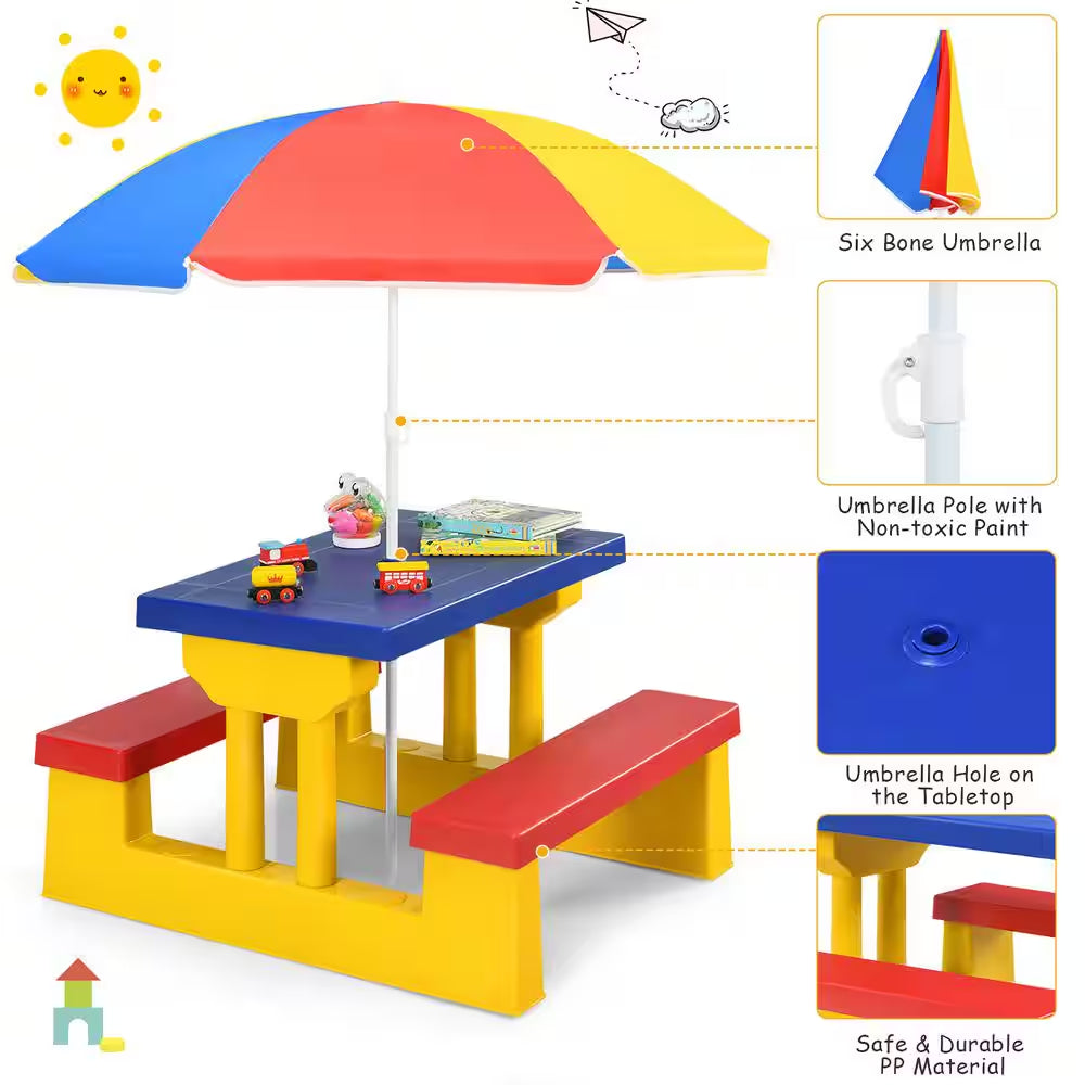 Kids Picnic Table Set with Removable Umbrella Indoor Outdoor Garden Patio