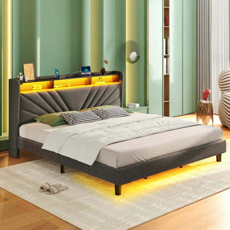 Karo Upholstered Metal Wingback Storage Bed with Headboard, Charging Station and LED Lights