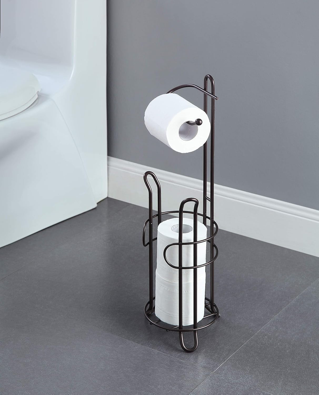 Freestanding Toilet Paper Holder with Storage – Holds 3 Spare Rolls, Heavy-Duty Steel, Oil Bronze Finish, Easy Assembly, Space-Saving Bathroom Organizer