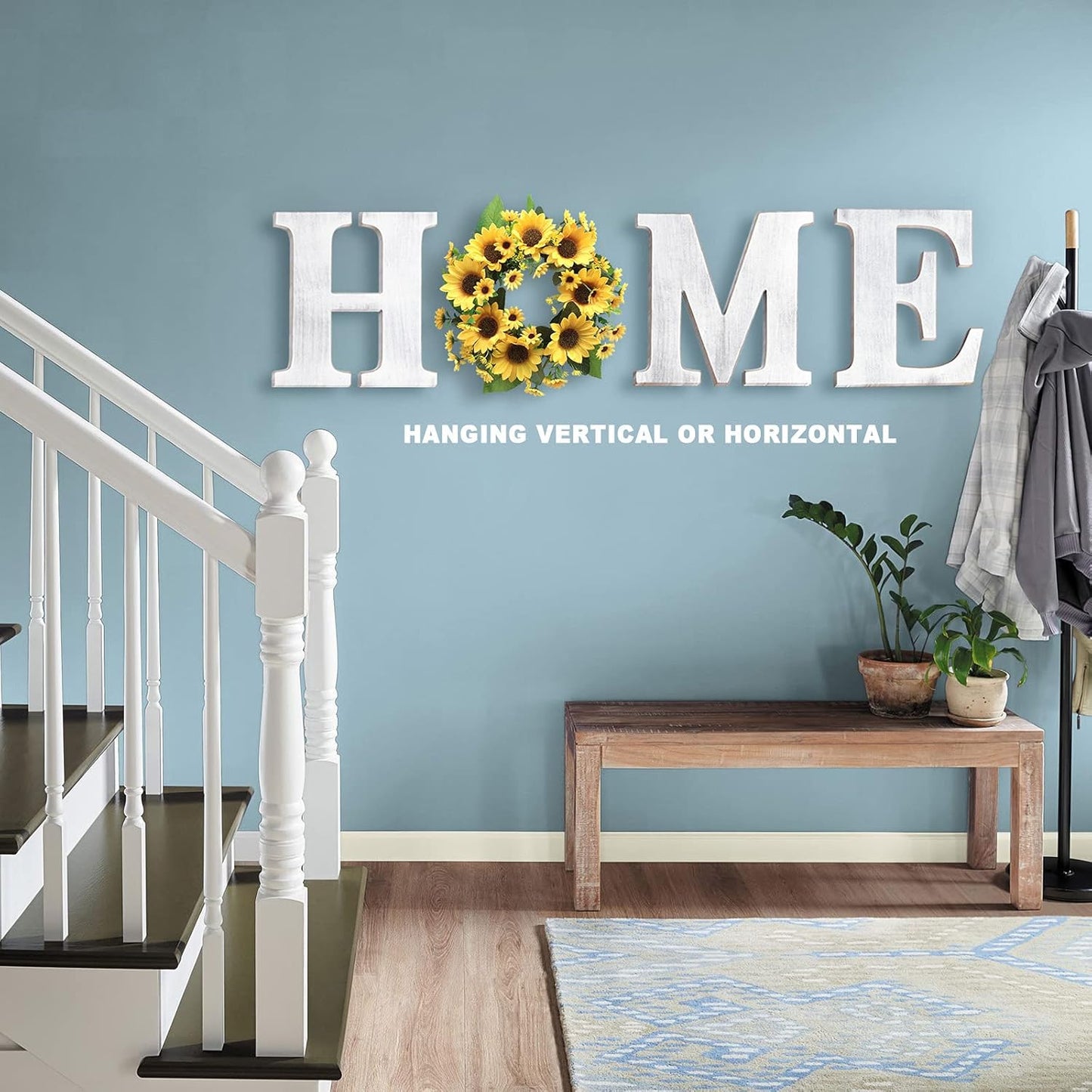 Wall Hanging 12” Wood Home Letters, Decorative Large Wooden Home Sign with Artificial Sunflower Wreath for O, Rustic Wall Decor Art, Farmhouse Wall Decoration for House Living Room Kitchen Entryway