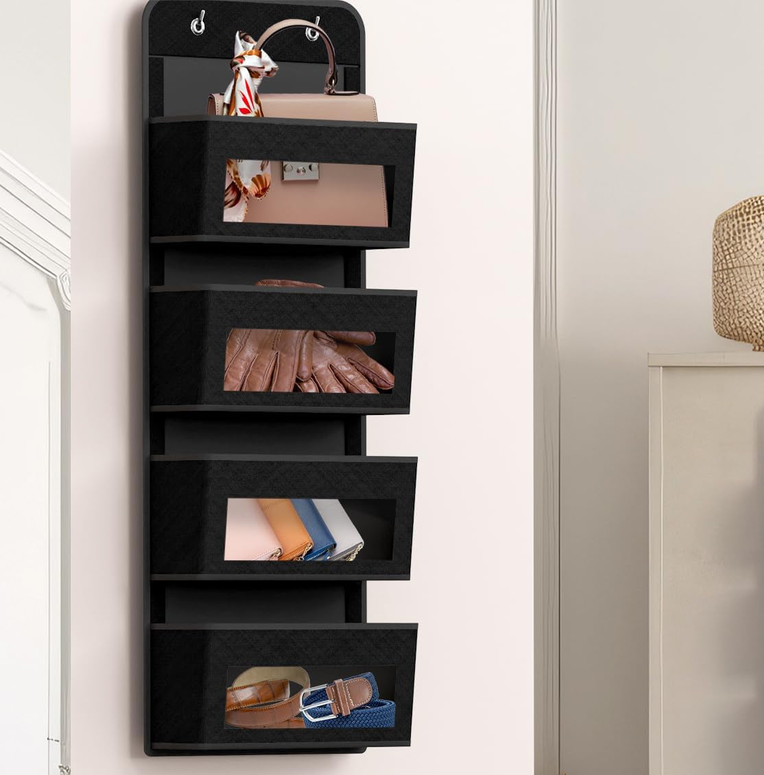 over Door/Wall Mount 4 Clear Window Pocket Organizer, Black