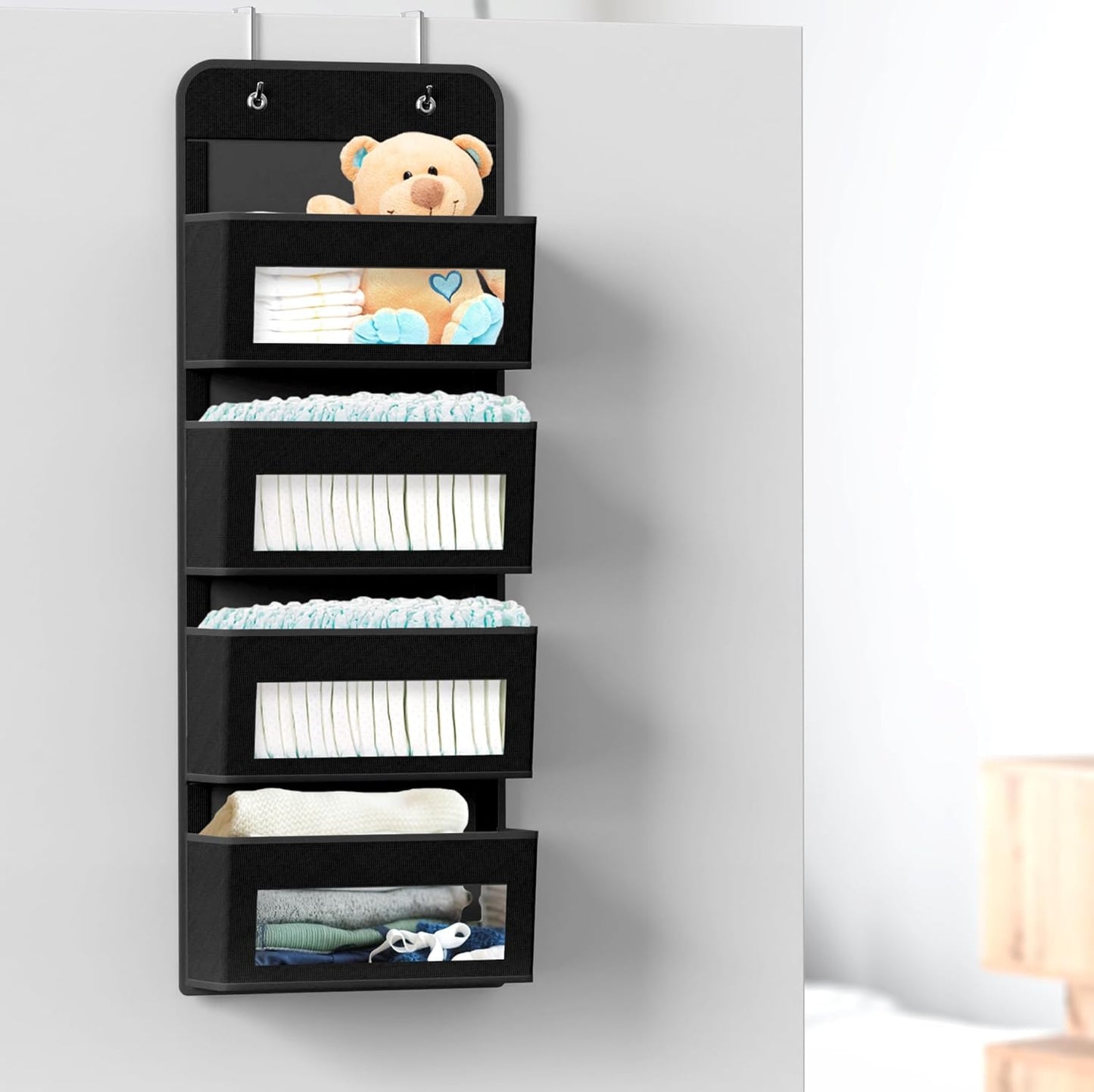 over Door/Wall Mount 4 Clear Window Pocket Organizer, Black