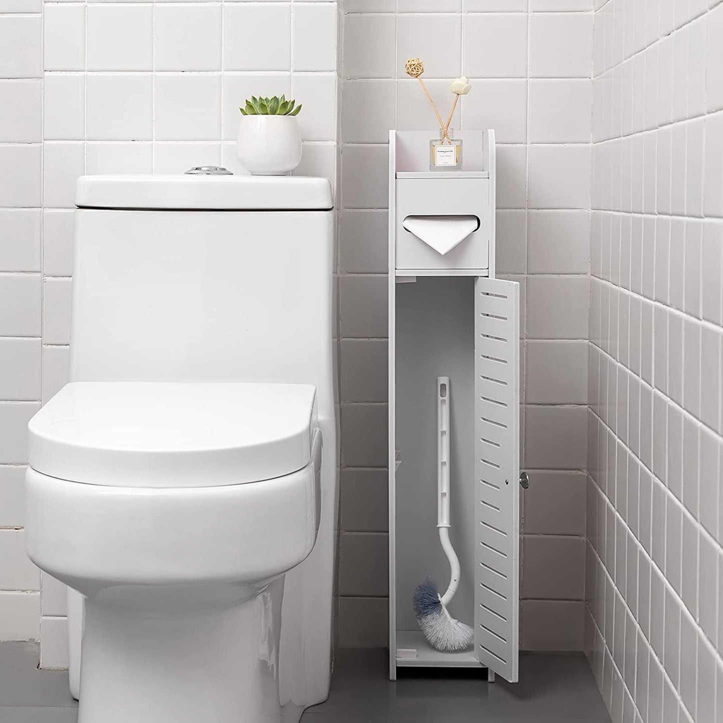 Stylish White Toilet Paper Holder Stand - Perfect Small Bathroom Storage Solution!