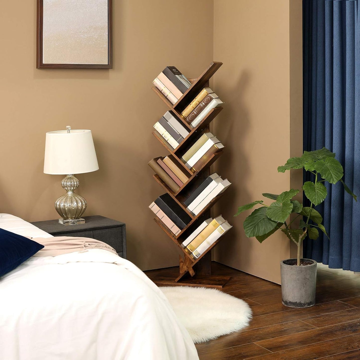 Tree Bookshelf, 9-Tier Bookcase, Large Bookshelf, Space-Saving Corner Shelf, Book Tree, Holds Books, Cds, Games, for Bedroom, Living Room, Home Office, Rustic Brown ULBC11BX