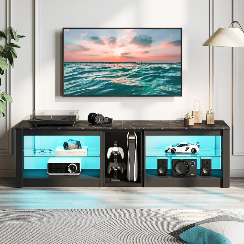Brahma 63" TV Stand, Gaming Media Console for PS5, LED Entertainment Centre with Glass Shelves