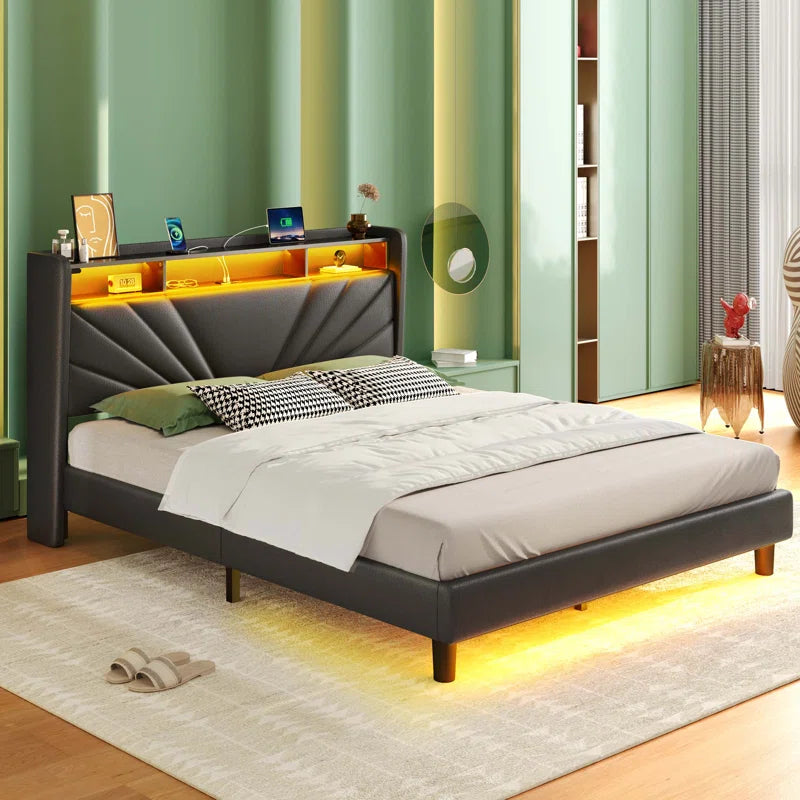 Karo Upholstered Metal Wingback Storage Bed with Headboard, Charging Station and LED Lights