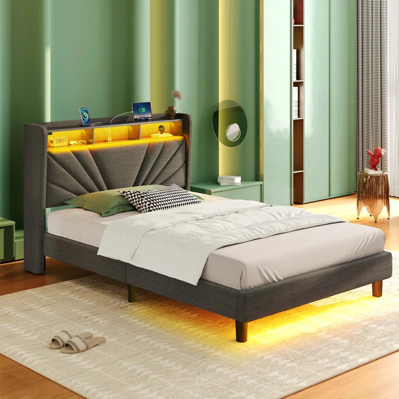 Karo Upholstered Metal Wingback Storage Bed with Headboard, Charging Station and LED Lights