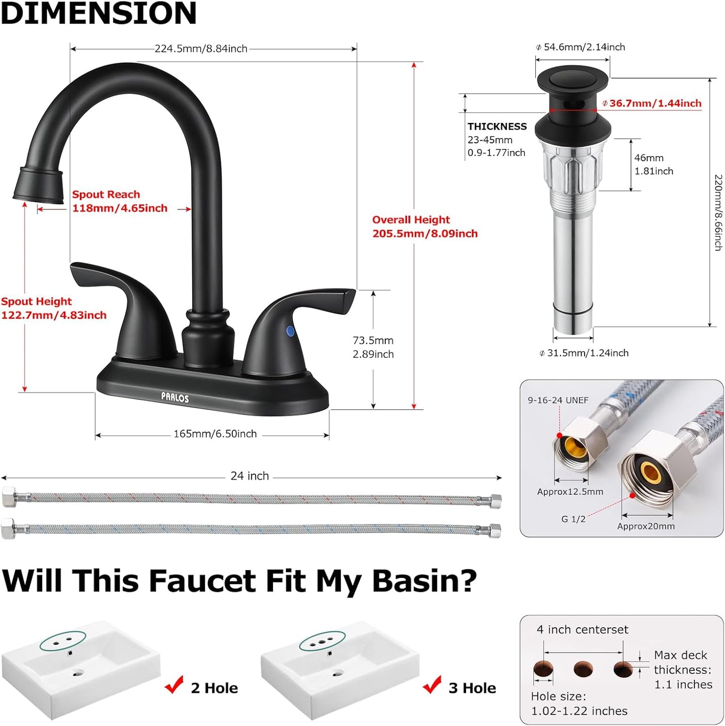 Matte Black 2-Handle Bathroom Faucet with Metal Drain Assembly & Supply Lines - NSF Cupc Certified, Model 1359104