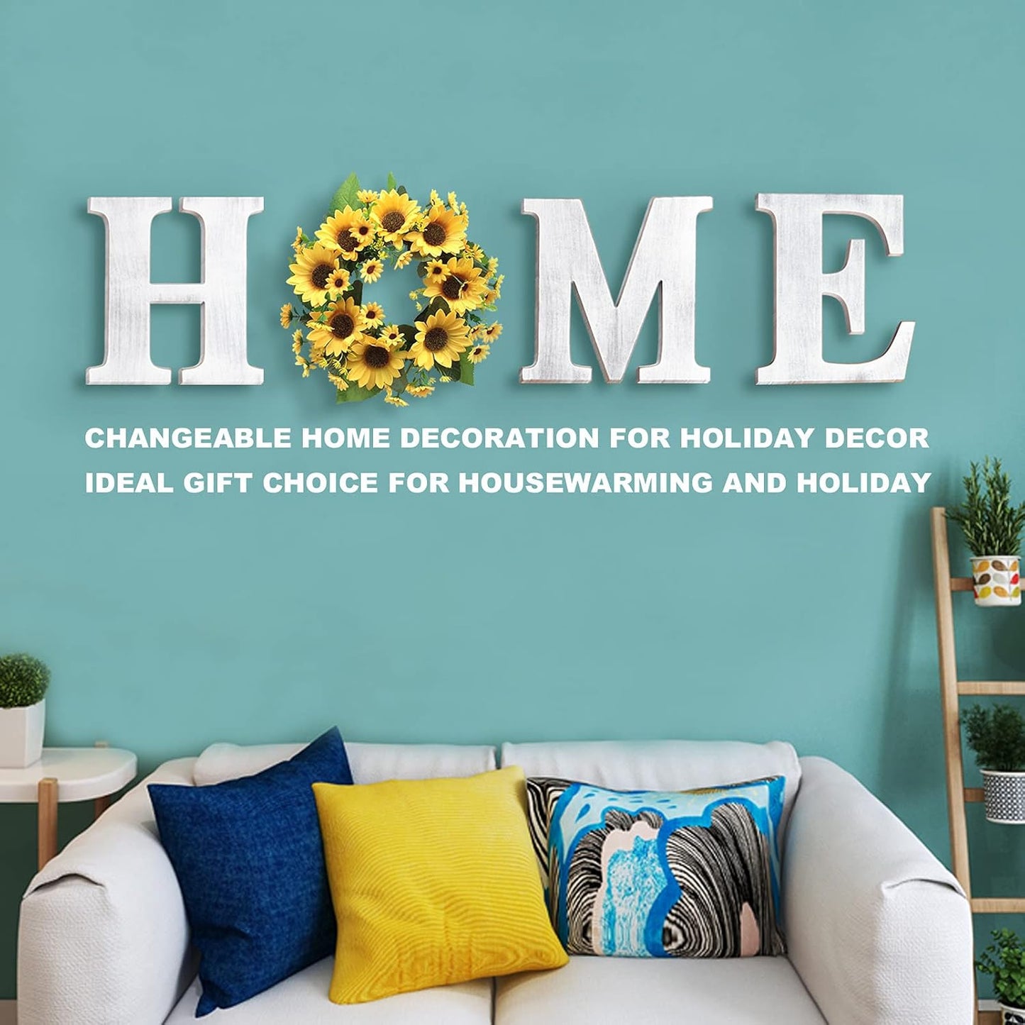 Wall Hanging 12” Wood Home Letters, Decorative Large Wooden Home Sign with Artificial Sunflower Wreath for O, Rustic Wall Decor Art, Farmhouse Wall Decoration for House Living Room Kitchen Entryway