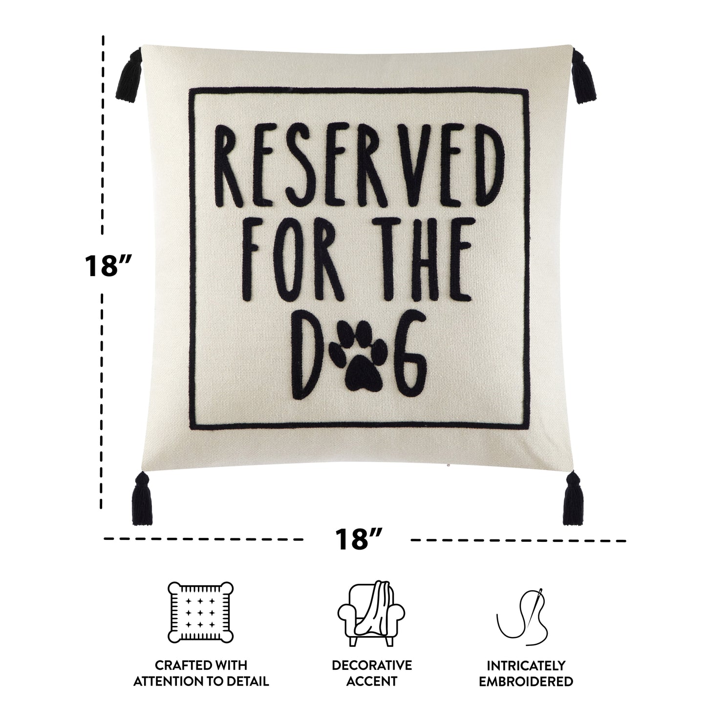 (4 Pack) Black and White Reserved for Dog Square Decorative Pillow for Adults, 18 in X 18 In