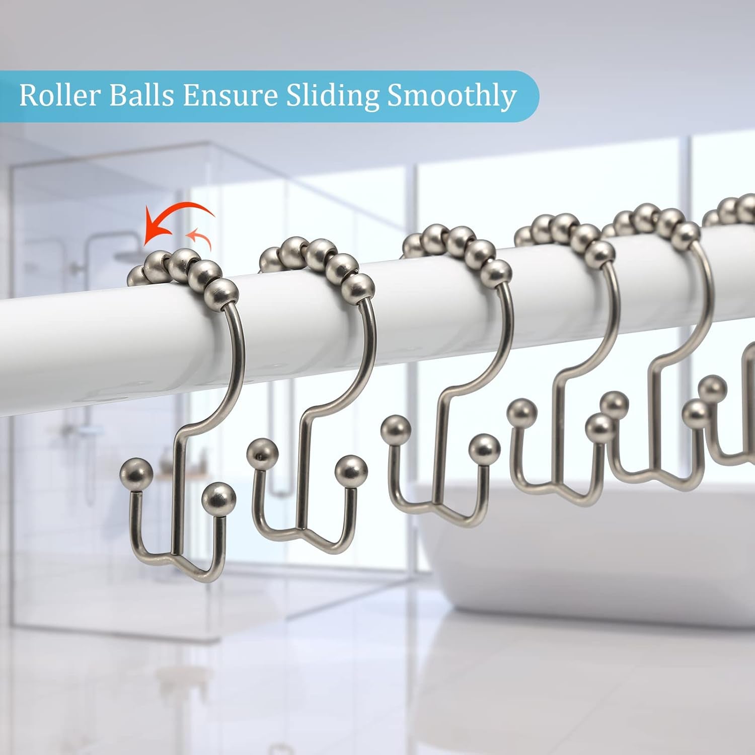 Rust-Resistant Metal Shower Curtain Hooks - Double Glide Design, Set of 12 in Matte Nickel for Smooth Bathroom Shower Experience