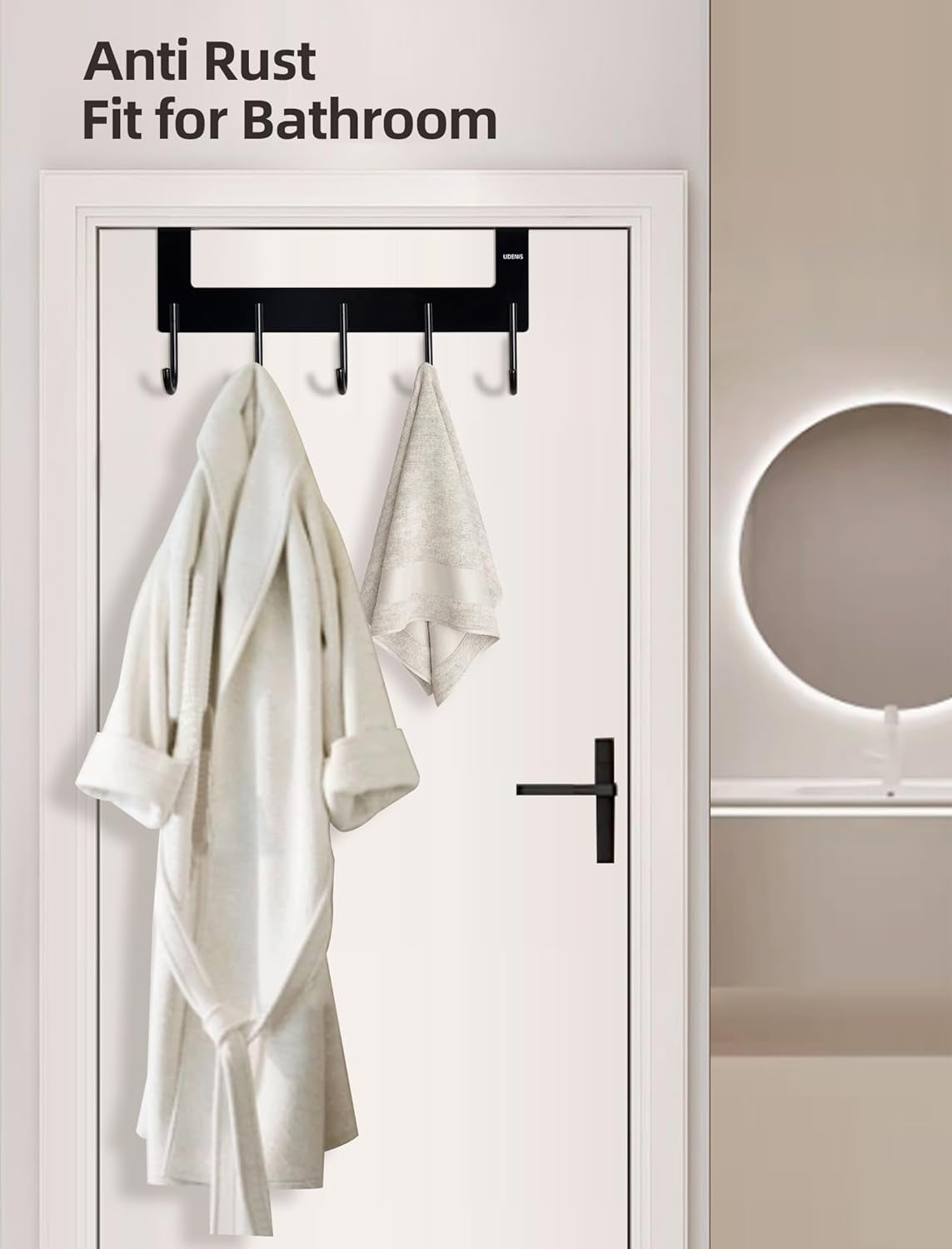 Over the Door Towel Rack,Over the Door Hooks,Heavy Duty Aluminum over the Door Hanger for Hanging Coat, Bag, Robe,Clothes,Towels,Hat - 5 Hooks, Brush Finish (Matte Black 1Pcs)