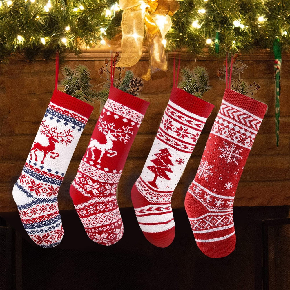 4 Pieces 18" Knit Christmas Stockings Reindeer Christmas Tree Snowflakes Knitted Stocking Christmas Ornaments Hanging Rustic Stocking Decorations Tree