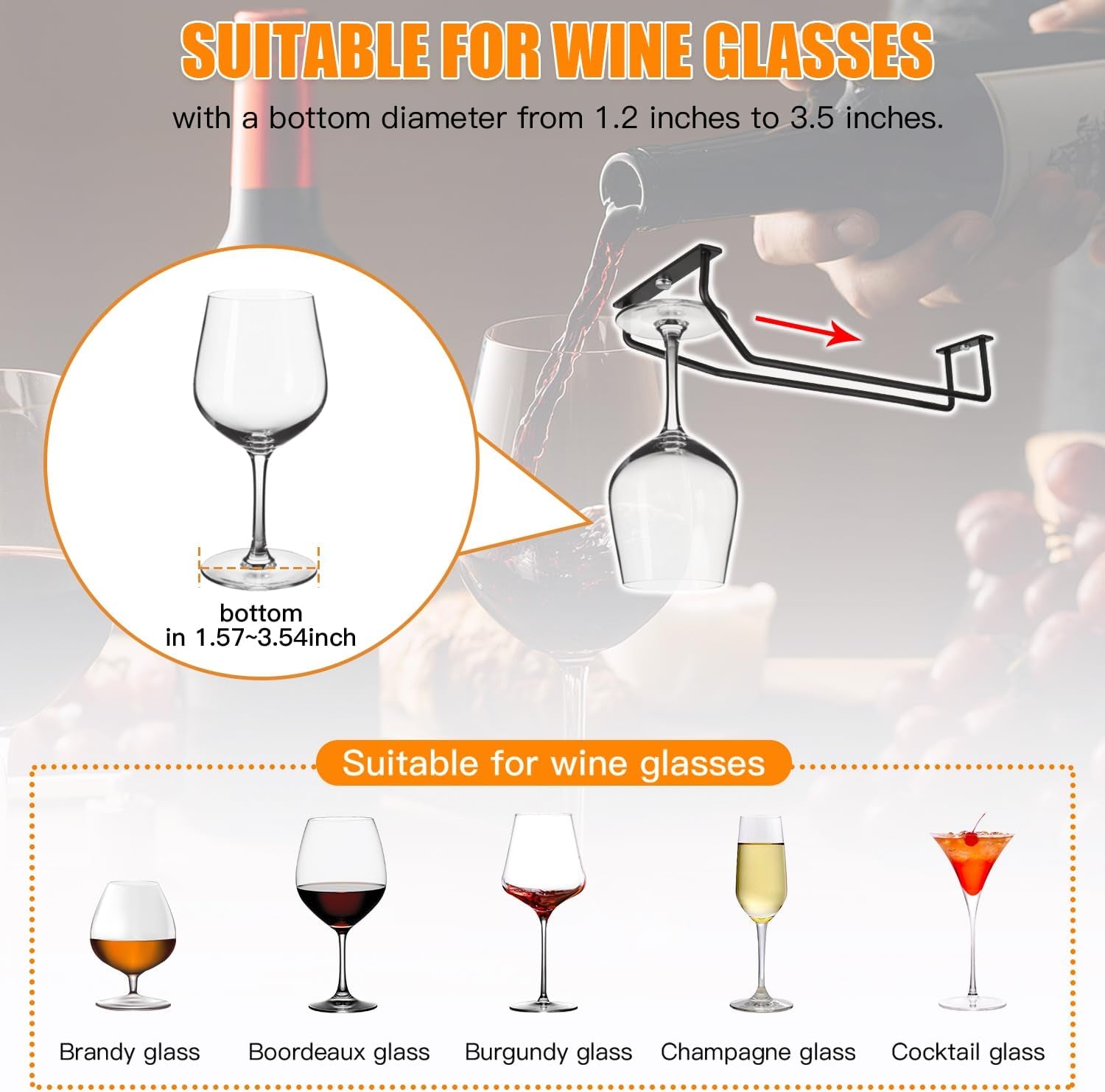 10.8 Inch Black Wine Glass Rack, under Cabinet Wine Glass Holder, Metal Stemware Rack Hanger for Kitchen Storage (2 Pack)