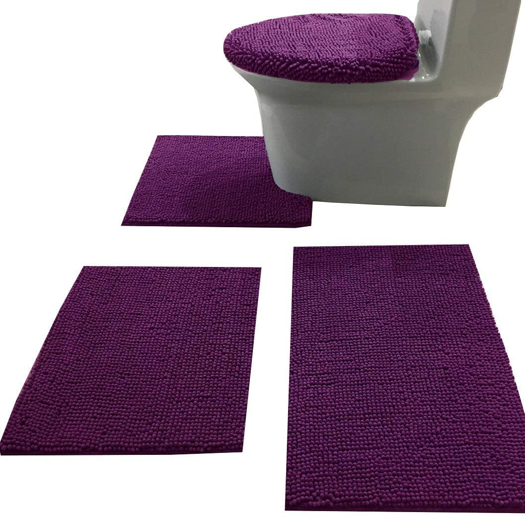 Bath Rug Set 4 Piece with Toilet Lid Cover and Rug Set Combo, Soft Shaggy, 3 Piece and U-Shaped Toilet Floor Rug Purpal