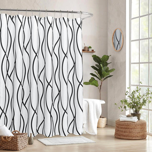 Textured Fabric Shower Curtain 72 Inches by 72 Inches, Black Printed Striped Linen Modern Hotel Luxury Quality Cloth Bathroom Curtains Machine Washable