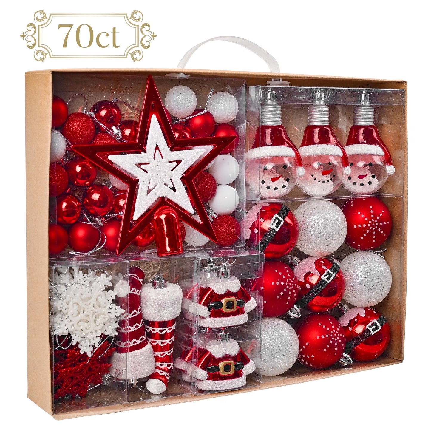 70Ct Christmas Ornaments Set, Red White Christmas Tree Ornaments for Holiday Party Decor
