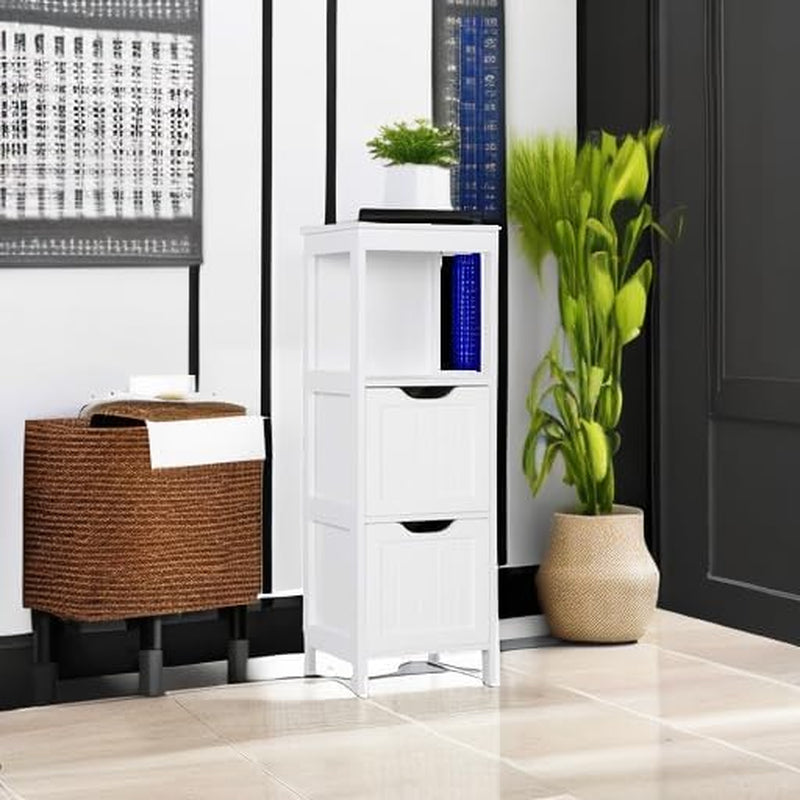 Bathroom Floor Cabinet, Wooden Storage Cabinet with 2 Drawers, Multifunctional Side Organizer Rack Stand Table, White
