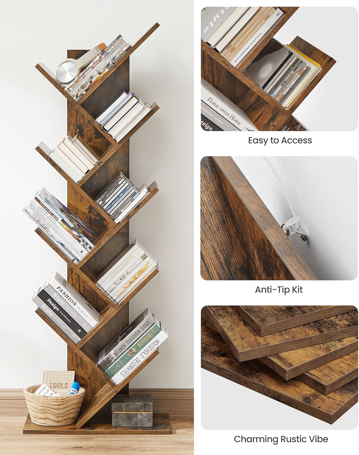Tree Bookshelf, 9-Tier Bookcase, Large Bookshelf, Space-Saving Corner Shelf, Book Tree, Holds Books, Cds, Games, for Bedroom, Living Room, Home Office, Rustic Brown ULBC11BX