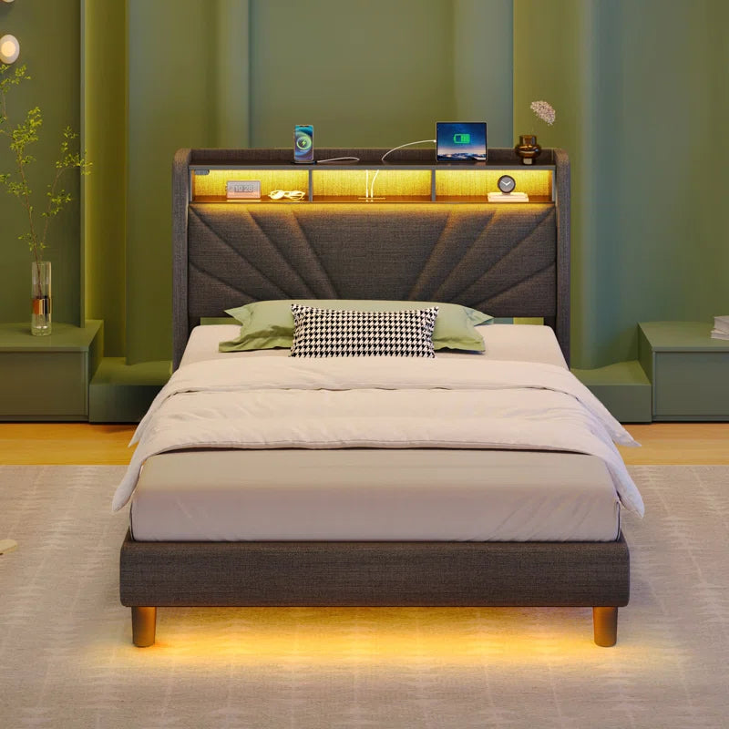 Karo Upholstered Metal Wingback Storage Bed with Headboard, Charging Station and LED Lights