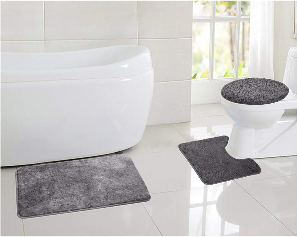 Bathroom Rug Sets 3 Piece, Include 1 Large Bathroom Rug (19.5×31.5In), 1 Contour U-Shaped Toilet Rug (19.5×19.5In), 1 Bath Rug for Lid Cover(19.5×18.5In) (Grey)