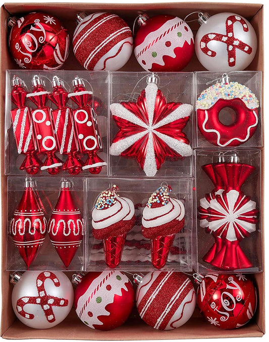 60Ct Christmas Ornaments, Shatterproof Candy Cane Red and White Holiday Tree Ornaments Set, Assorted Decorative Hanging Ball Ornaments Bulk for Family Christmas Decoration
