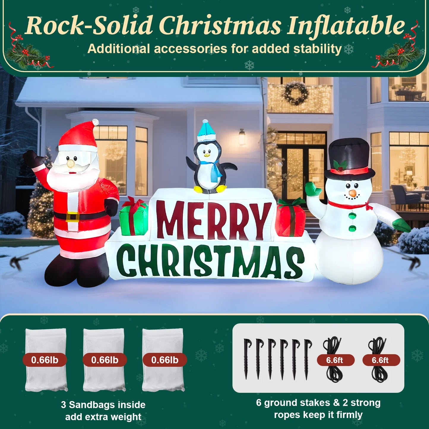 10Ft Long Christmas Inflatables, Lighted Merry Christmas Sign with Santa, Snowman, and Penguin, Giant Blow up Outdoor Christmas Lawn Yard Decoration