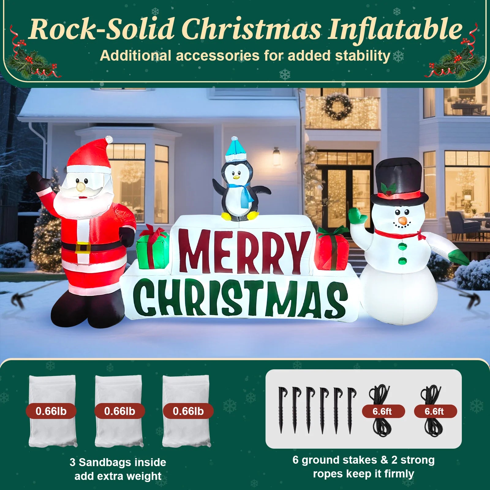 10Ft Long Christmas Inflatables, Lighted Merry Christmas Sign with Santa, Snowman, and Penguin, Giant Blow up Outdoor Christmas Lawn Yard Decoration