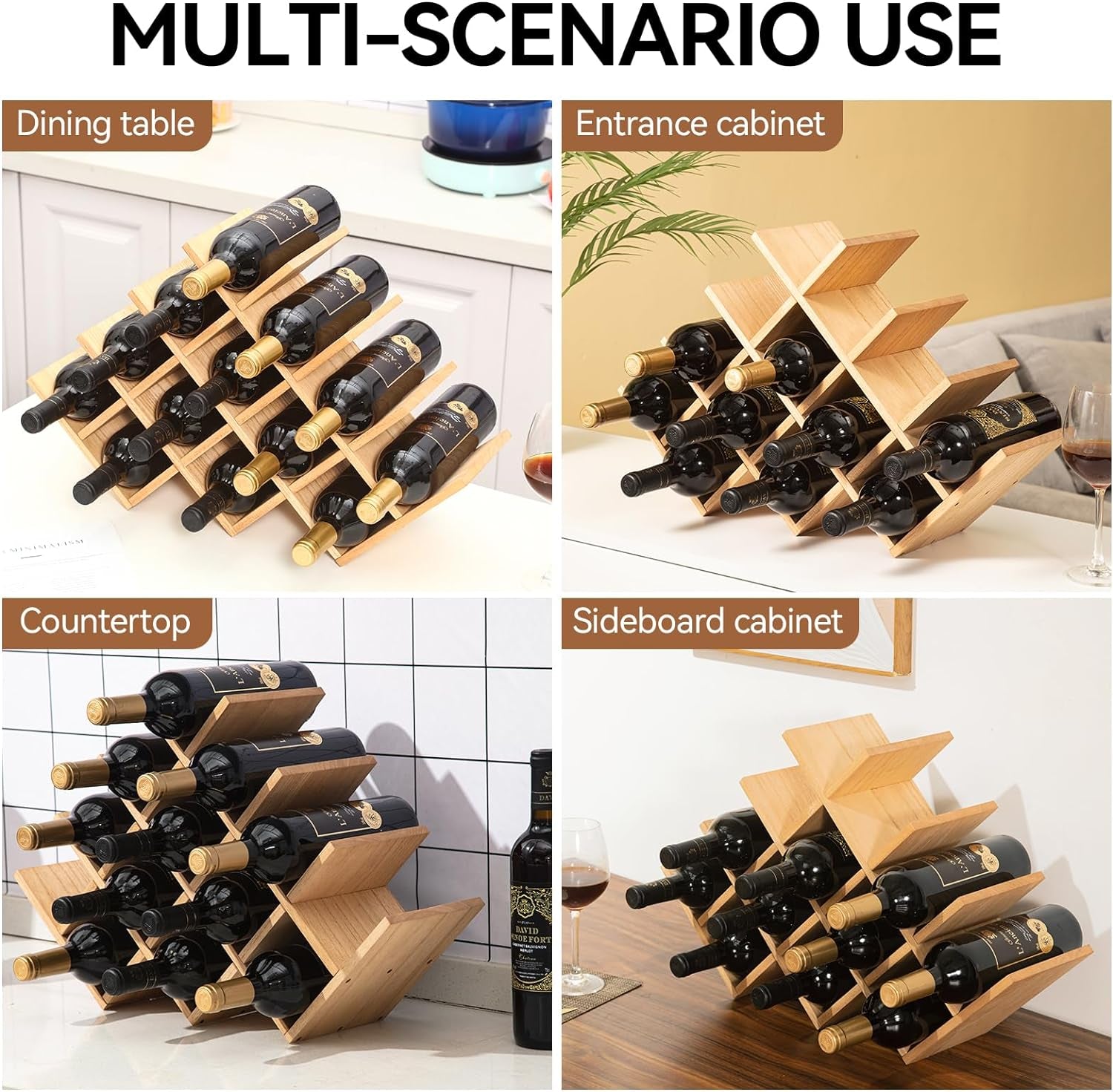 Wooden 13-Bottle Wine Rack - Nature Wood 4-Tier Wine Display Rack/Free Standing and Countertop Storage Shelf - Bottle Holder/Cabinet Glass XHJJ4-NA