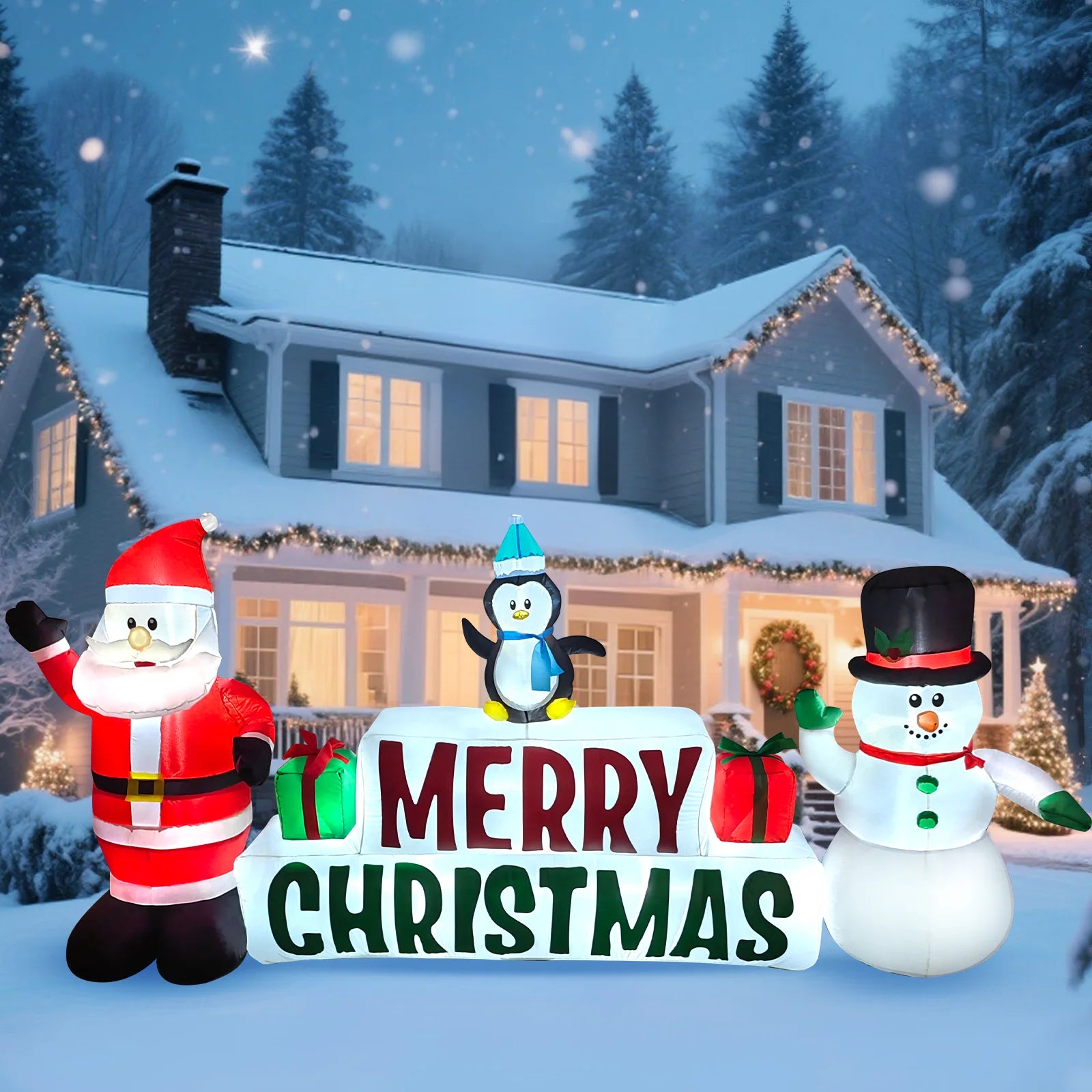 10Ft Long Christmas Inflatables, Lighted Merry Christmas Sign with Santa, Snowman, and Penguin, Giant Blow up Outdoor Christmas Lawn Yard Decoration