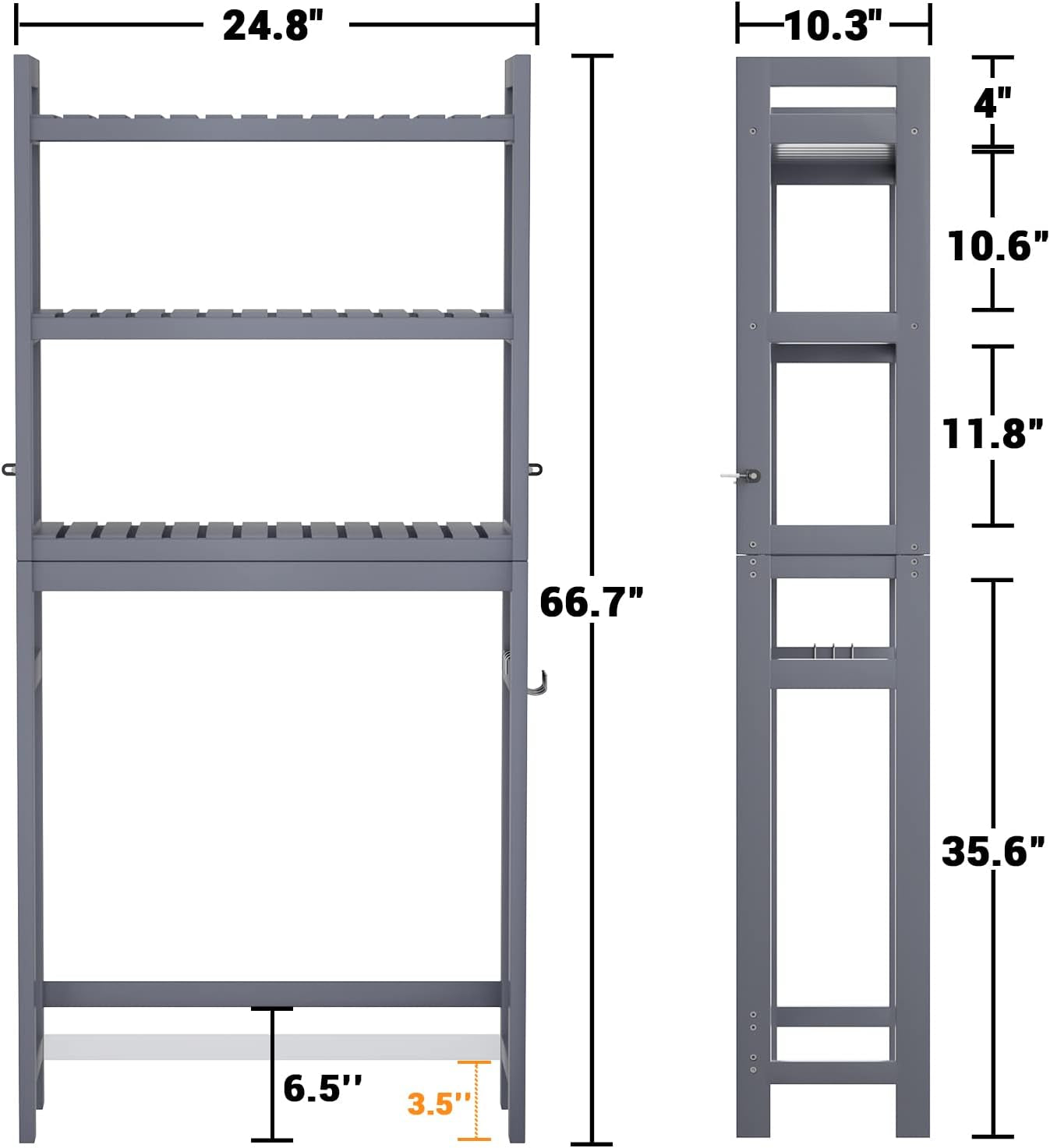 over the Toilet Storage, Bamboo 3-Tier Over-The-Toilet Space Saver Shelf Organizer Rack, Stable Freestanding above Toilet Stand with 3 Hooks for Bathroom, Restroom, Laundry, Blue Grey