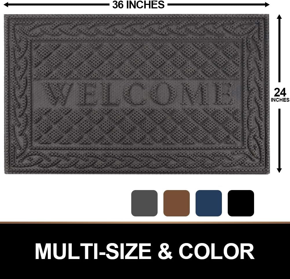Durable Door Mat, Welcome Mats Outdoor, Front Door Mats Entrance, Rubber Welcome Doormat, Entry outside for Entryway, Patio, High Traffic Areas, 24"X36", Gray