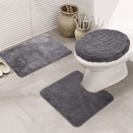 Bathroom Rug Sets 3 Piece, Include 1 Large Bathroom Rug (19.5×31.5In), 1 Contour U-Shaped Toilet Rug (19.5×19.5In), 1 Bath Rug for Lid Cover(19.5×18.5In) (Grey)
