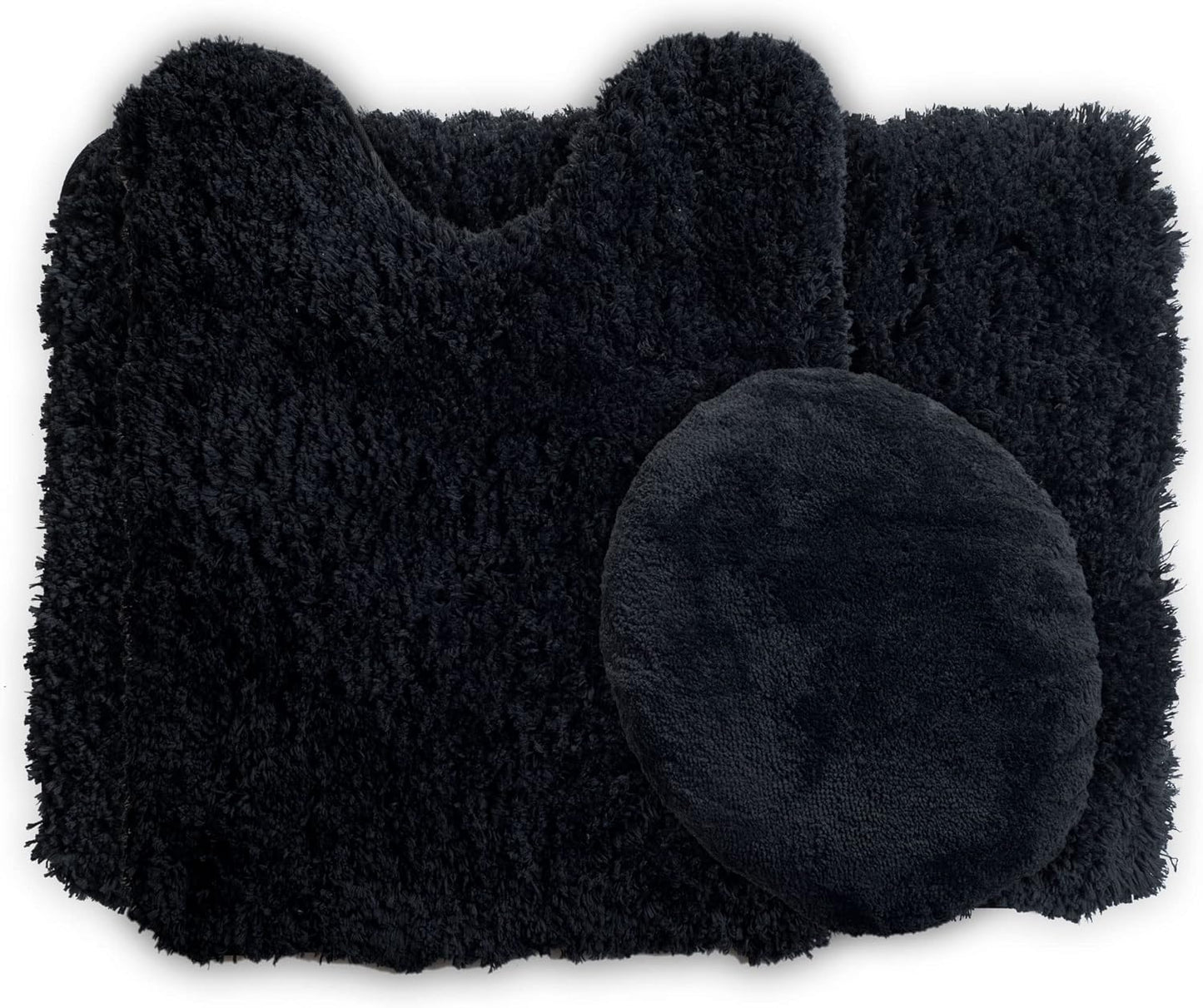 3-Piece Bathroom Rug Set – Non-Slip Bath Mat Set with Bath Rug, Contour Mat, and Toilet Lid Cover – Machine Washable Mats by  (Black)