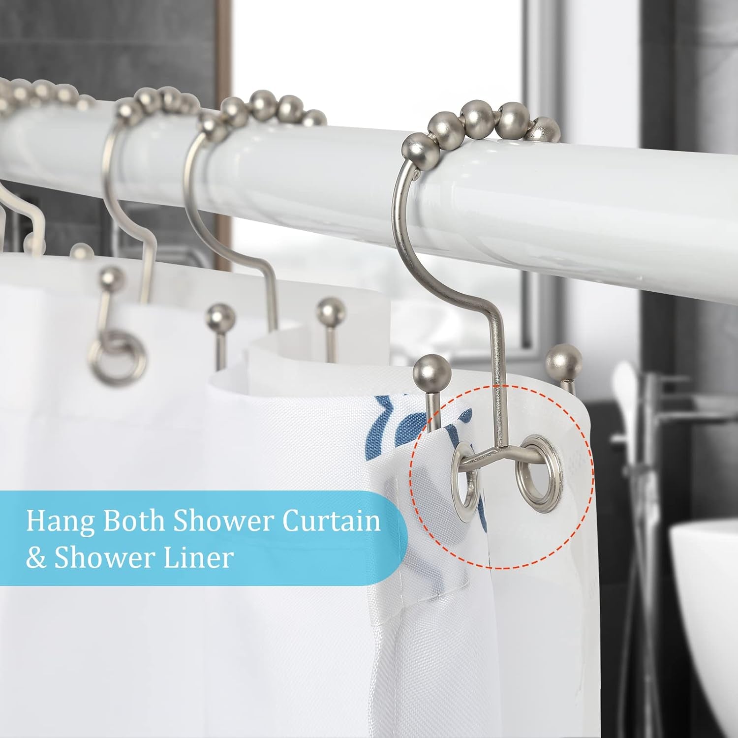 Rust-Resistant Metal Shower Curtain Hooks - Double Glide Design, Set of 12 in Matte Nickel for Smooth Bathroom Shower Experience