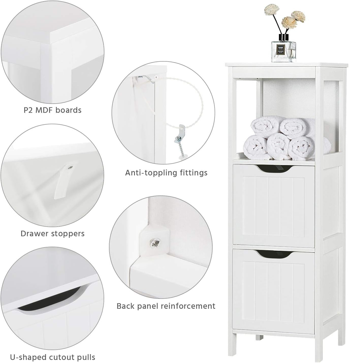 Bathroom Floor Cabinet, Wooden Storage Cabinet with 2 Drawers, Multifunctional Side Organizer Rack Stand Table, White