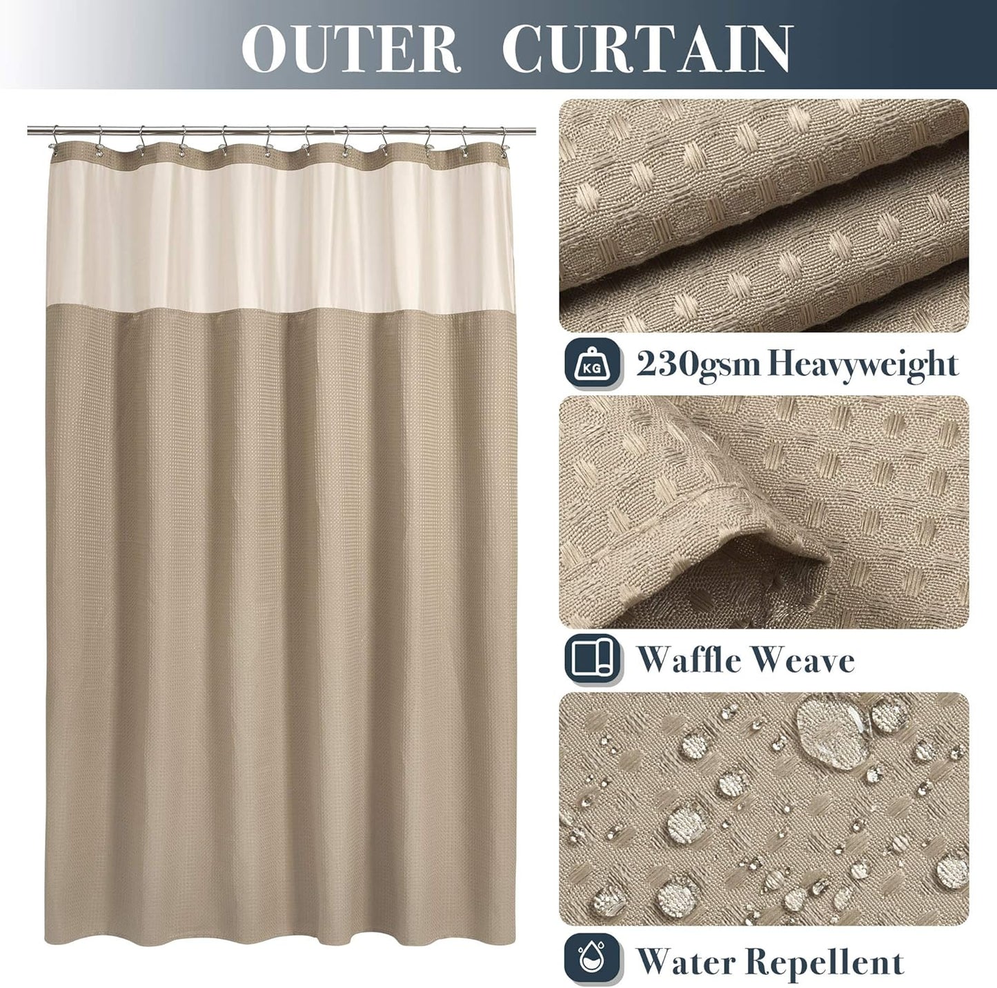 Waffle Weave Shower Curtain with Snap-In Fabric Liner Set, 12 Hooks Included - Hotel Style, Water-Repellent & Washable, Mesh Top Window - 71X72, Linen