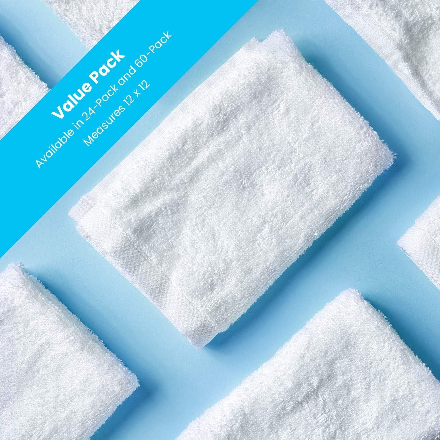 Wash Cloth Towels by Royal, 24-Pack, 100% Natural Cotton, 12 X 12, Soft and Absorbent, Machine Washable, White (24 Pack)