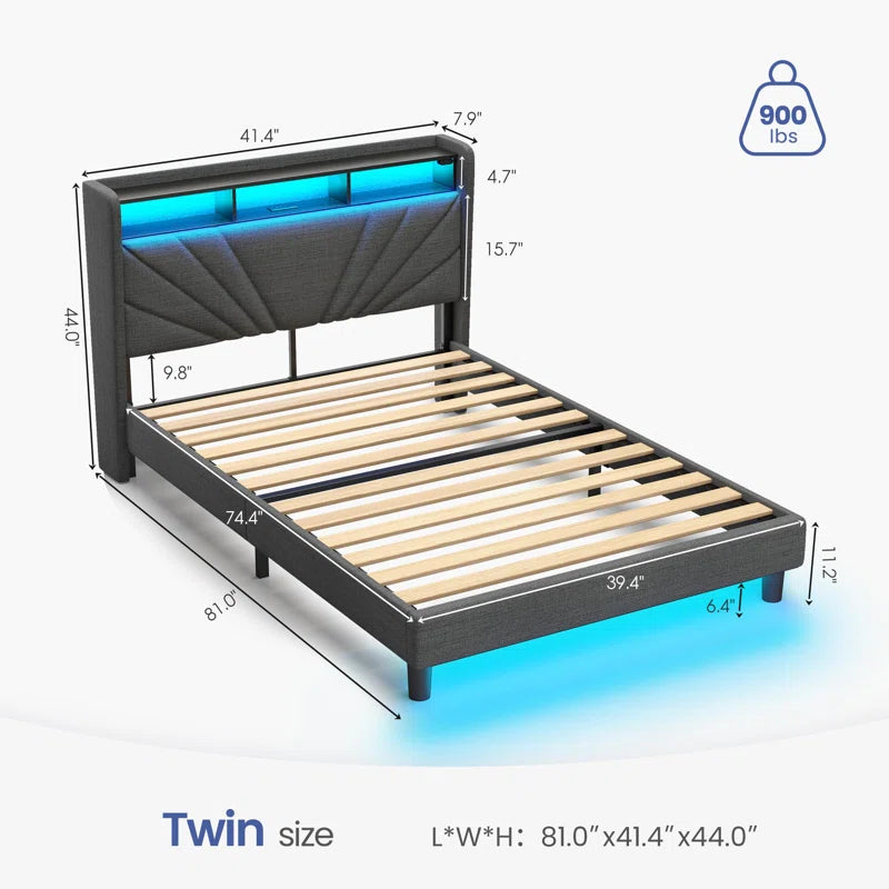 Karo Upholstered Metal Wingback Storage Bed with Headboard, Charging Station and LED Lights