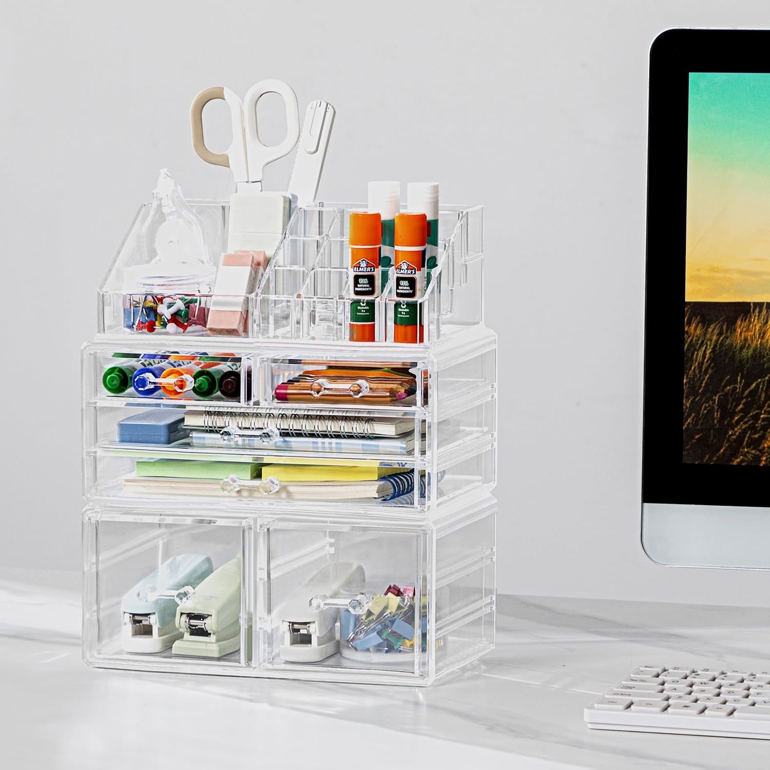 Desk Organizer with 6 Drawers, Large Stackable Pencil Pen Holder & Art Supplies Storage, Multi-Functional Desktop Organizers and Accessories for Office, Home, School