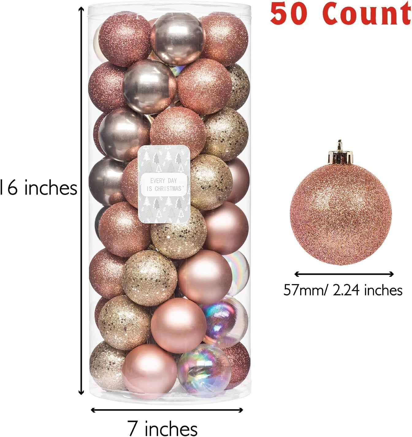 Ornaments, Shatterproof Christmas Tree Ornament Set, Christmas Balls Decoration 50 Count (2.24"/57Mm, Pink Gold)